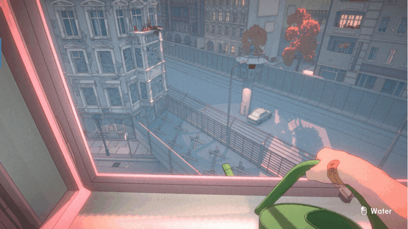 A poignant scene from The Berlin Apartment, viewed through a window from inside a building. In the foreground, a hand holds a green watering can labelled “Water,” hinting at an interactive moment. Outside, a stark street is divided by a high wall topped with barbed wire, with a guard tower and a parked white car nearby. European-style buildings and autumnal trees line both sides of the barrier, while a helicopter hovers above, evoking a tense, historical atmosphere reminiscent of Cold War Berlin. Published on: LadiesGamers