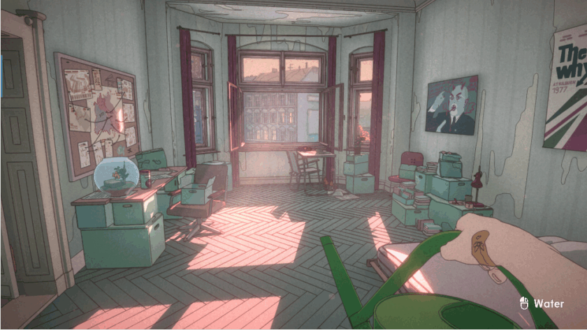 A stylised vintage workspace from The Berlin Apartment, bathed in warm sunlight through large windows. The room features herringbone wooden flooring, green filing cabinets, and a desk cluttered with books, papers, and a retro computer monitor. A bulletin board displays maps and notes, while posters of Albert Einstein and The Who (dated 1977) add character to the worn walls. A goldfish swims in a bowl atop a cabinet, and a hand holds a green watering can labelled “Water” in the foreground. The space evokes nostalgia with its peeling paint and artistic charm. Published on: LadiesGamers