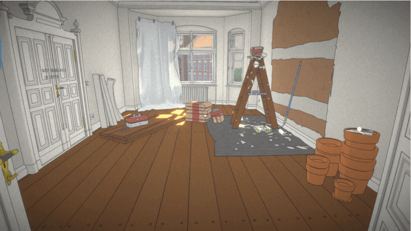 A sunlit room in The Berlin Apartment undergoing renovation, with white walls, wooden flooring, and decorative moulding. A ladder stands on a protective sheet beside a paint tray and roller, suggesting ongoing painting work. The right wall is partially stripped, revealing brown plaster or insulation. Terracotta plant pots are stacked nearby, and white curtains are draped over a wooden panel. A toolbox and materials lie to the left, while double doors marked “WORK IN PROGRESS” hint at transformation. Large windows at the far end reveal a red-brick building outside. Published on: LadiesGamers