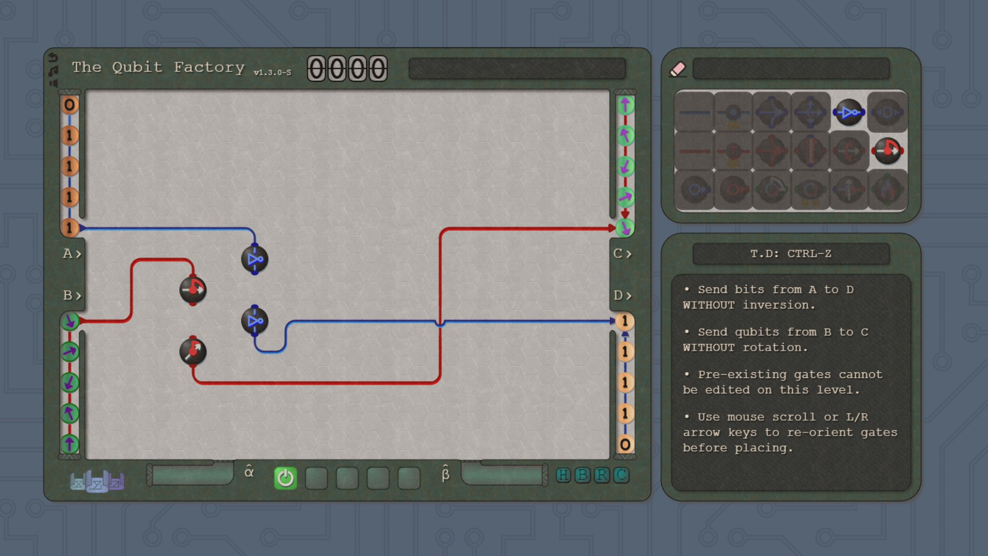 Two, almost connected wires ready to send bits in The Qubit Factory.