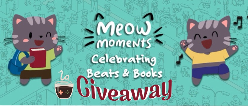 Giveaway banner for Meow Moments: Celebrating Beats and Books, published on LadiesGamers