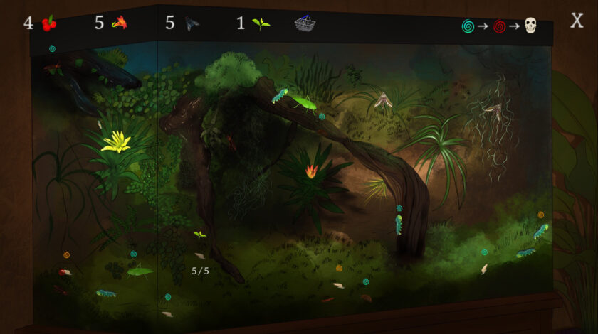the interior of a terrarium with glowing insects