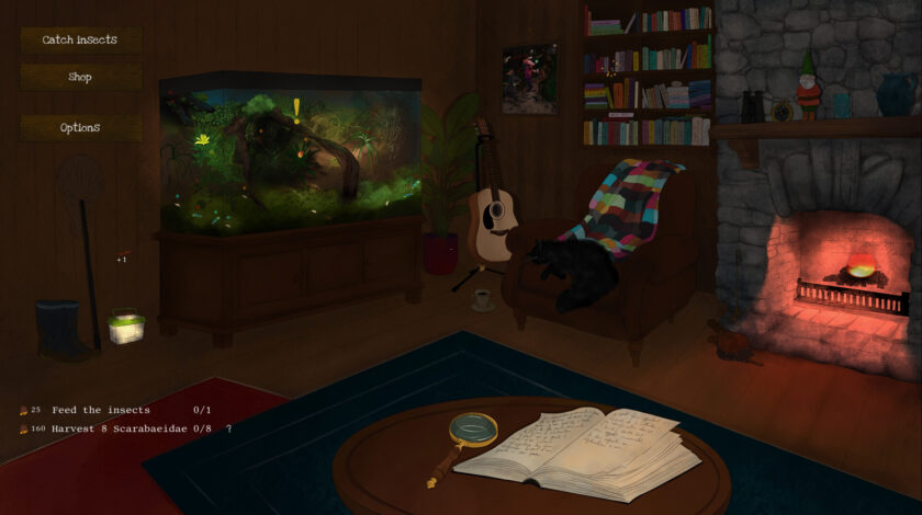 a dark living room with a lit fireplace, a dark armchair with a colorful blanket and a bookcase and a big terrarium