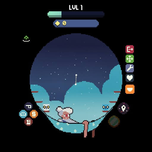 Screenshot from Spacenap, a blue circle on a dark background with a white haired character sitting on a swing