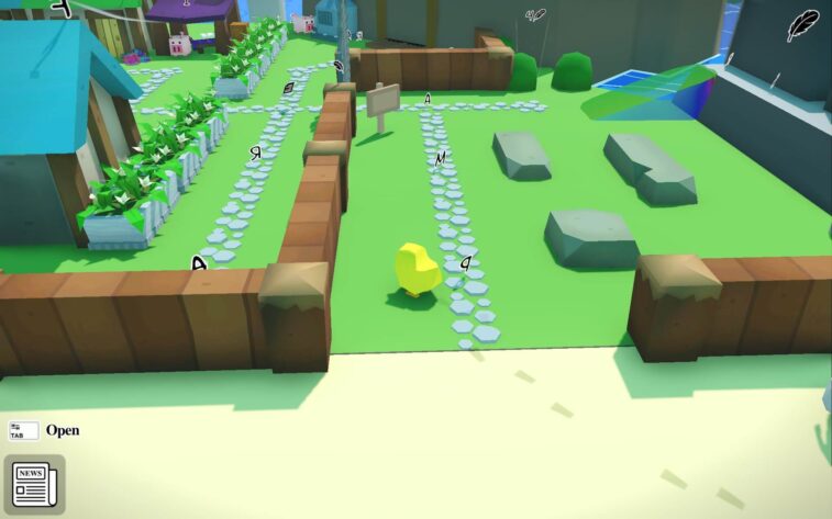 a chicken walking through a green field collecting letters