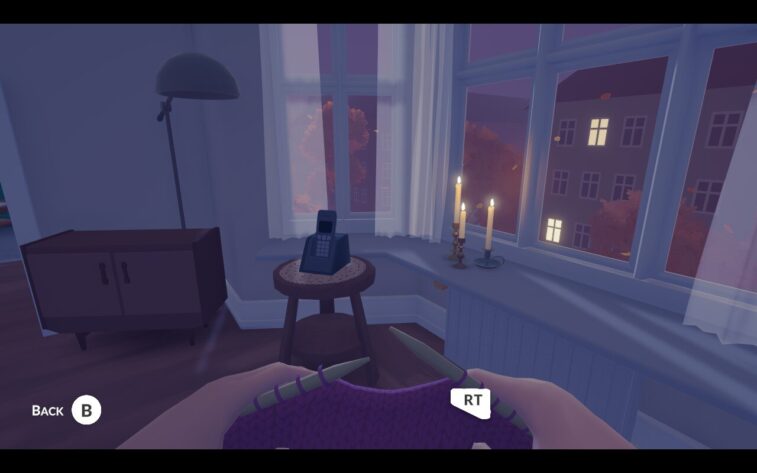 Screenshot for video game As Long As You're Here, sitting down and knitting, published on LadiesGamers.com