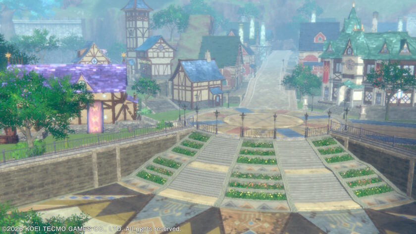 Screenshot of Atelier Resleriana, showing the town of Hallfein, published on LadiesGamers