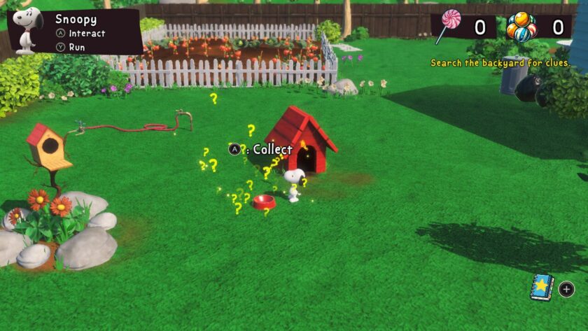 Snoopy standing by his dog bowl, with 'collect' as an option. There are yellow question marks floating around. Published on LadiesGamers