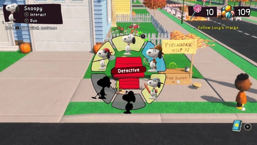The costume select wheel, showing four of the costumes Snoopy can put on. Published on LadiesGamers