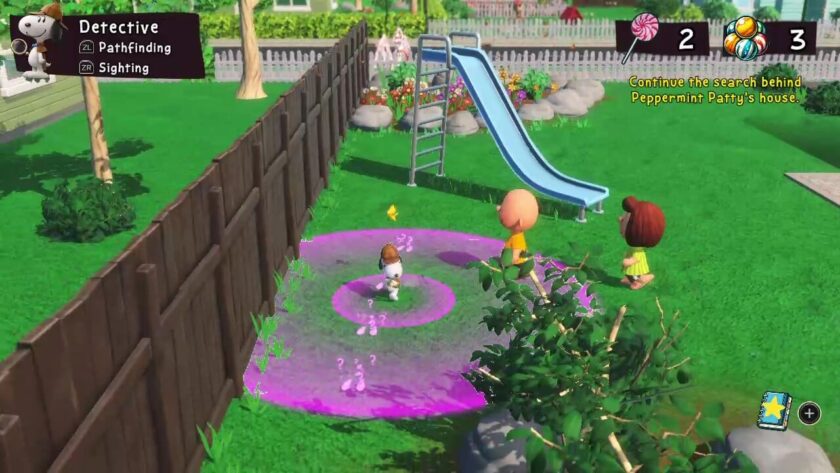 Snoopy in a deerstalker hat and cape, carrying a magnifying glass, following some pink footprints. Published on LadiesGamers