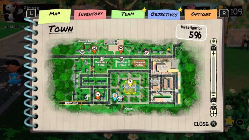 Town map with a highlighted square over the city park. Published on LadiesGamers