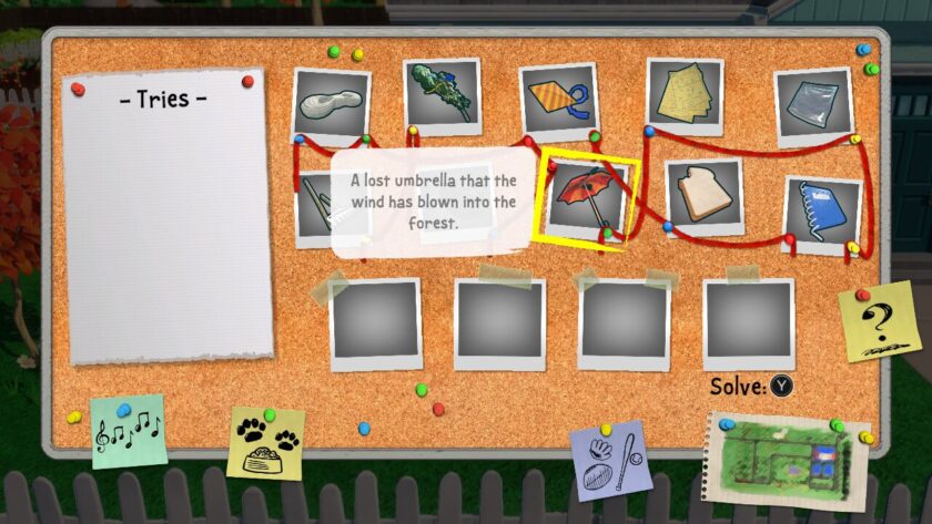 The mystery solving board, showing the clues you've gather and the four spaces which need to be filled. Published on LadiesGamers