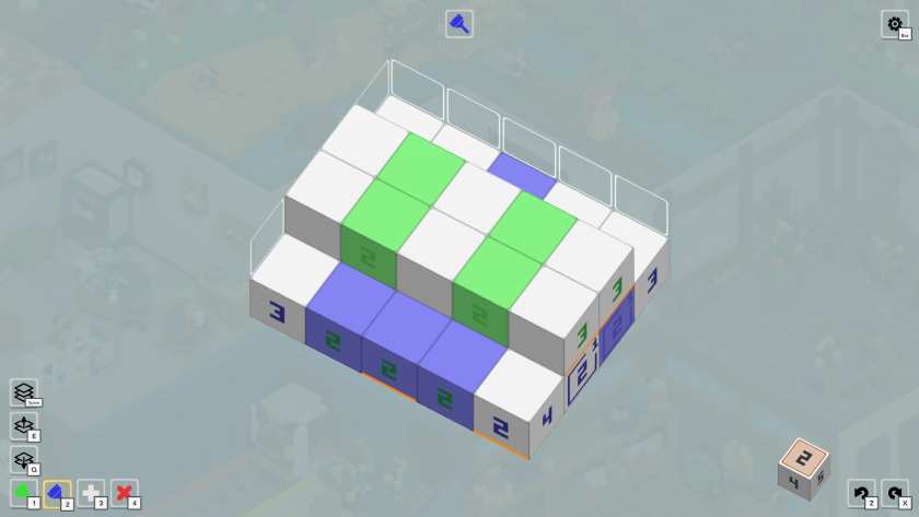 A block is made up of white, green, and blue boxes in Voxelgram 2.