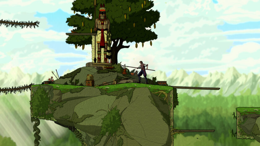 a warrior in front of an old shrine