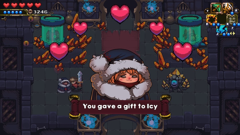 Icy, a pixelated cute girl in fur coat, is grateful for a gift.