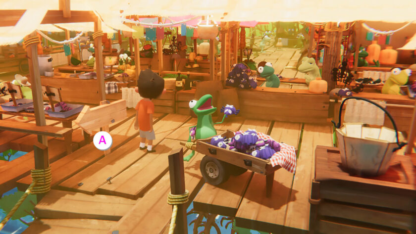 a boy in a red shirt wandering through a market full of frogs