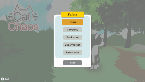 List of the 5 different areas you can choose to play in the game Cat Chaos. They are home, company, bookstore, supermarket and restaurant. 