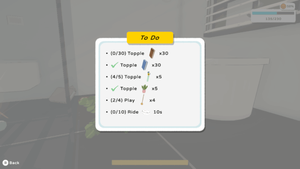 Checklist of items that my cat needs to accomplish in this level in Cat Chaos.