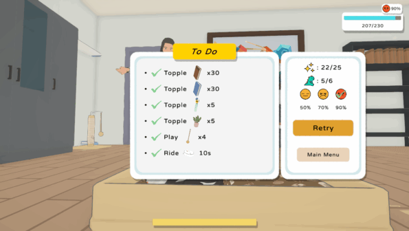 Updated list of items that need to be completed in order to advance in Cat Chao. Shows total score achieved in level. 