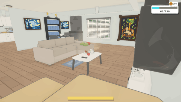 View of a nicely decorated room with a sofa, coffee table, bookcase and wall art in game Cat Chaos.