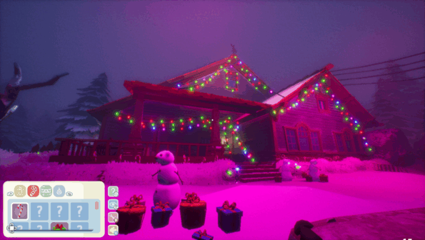 A house decorated with multi colored lights with a snowman and presents in front in Light Up The Town.