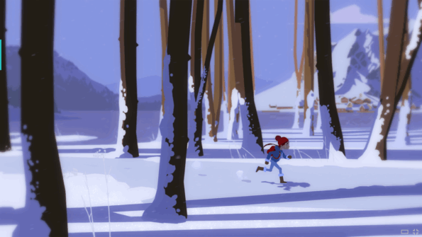 Image of young girl running through a beautiful winter forest with bare trees in Roki
