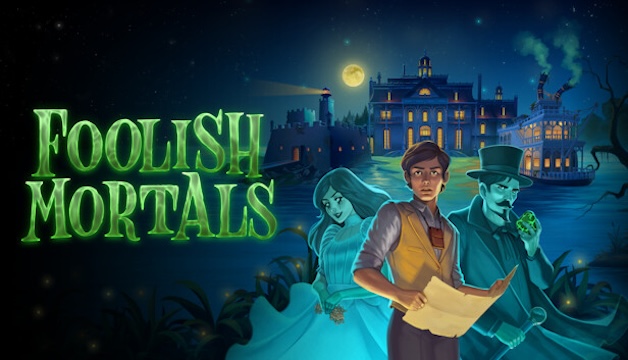 Key art for Foolish Mortals, with green title and Murphy flanked by ghosts