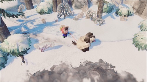A boy and a large fluffy dog waking through a wooded area in the snow in the game Dog Walk.