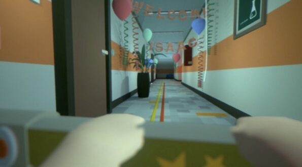 Colorful hallway with decorations and balloons Goodnight Universe