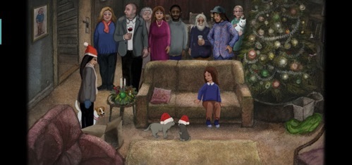 Hand painted image of a family in a living room with a beautifully decorated tree and Milo the cat