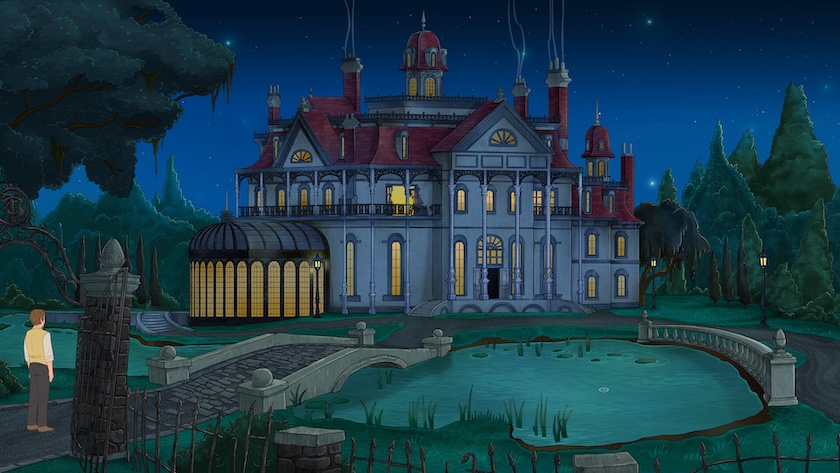 external facade of Bellamore Manor at night