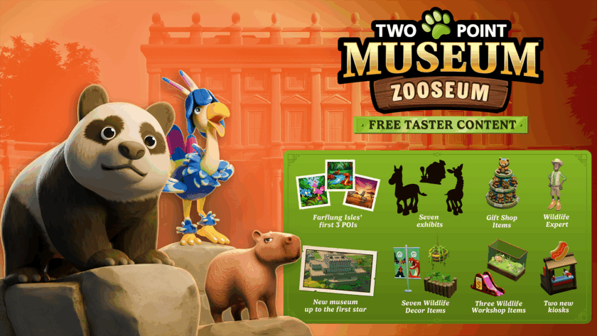 Promotional image for video game Two Point Museum and its DLC Zooseum