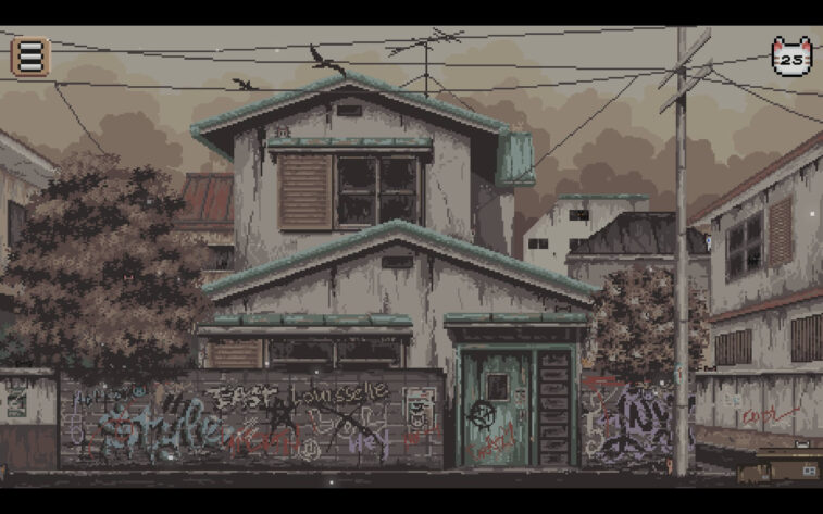 a pixelized landscape with house and hidden cats
