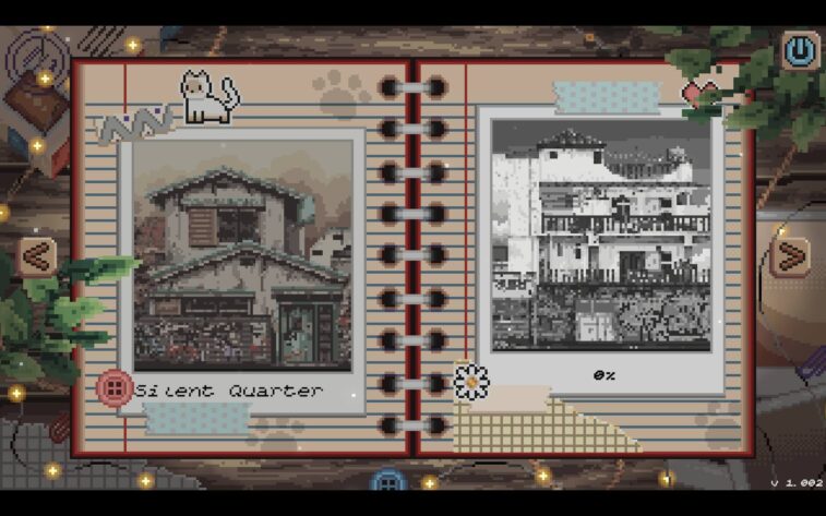 a pixelized open notebook with pictures of buildings