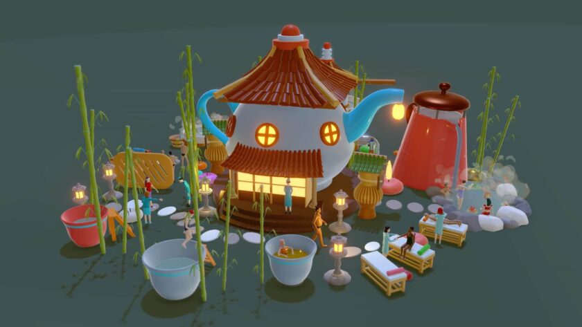 a teapot like a house with teacups like bathtubs