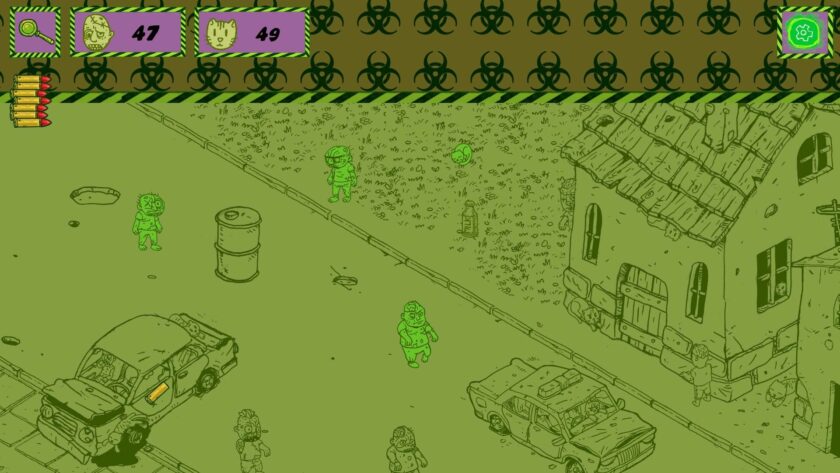 desolate landscape in green with bright green cats and zombies