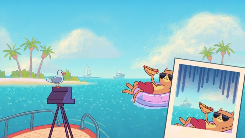 a photo of a cat on a tube on the sea holding a hotdog