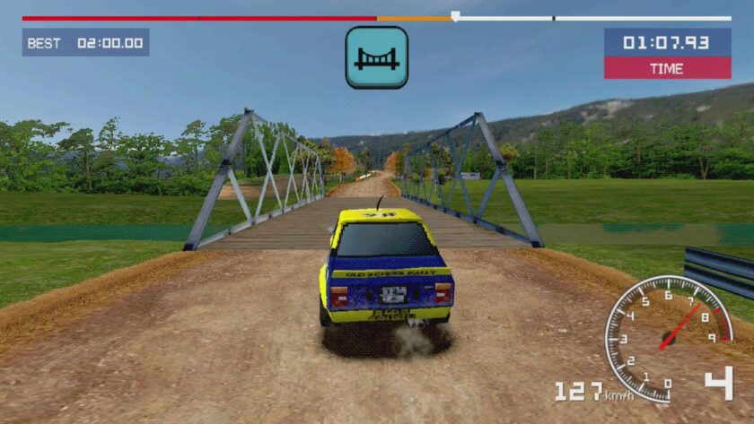 Old School Rally driving over a bridge