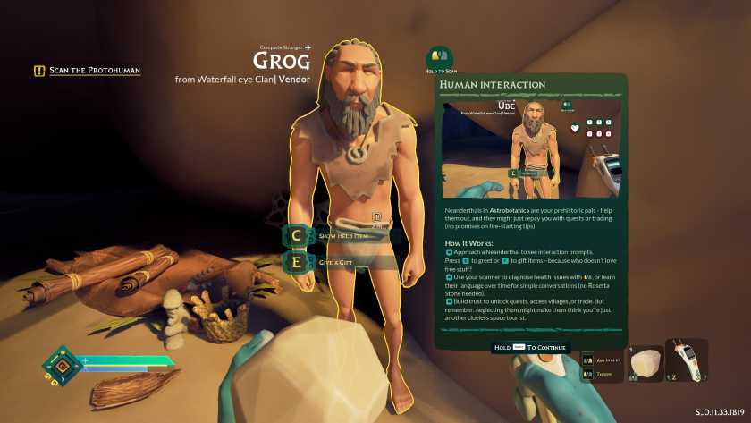 A human named Grog is standing in front of the main character, who has the option to give him a gift in ASTROBOTANICA.