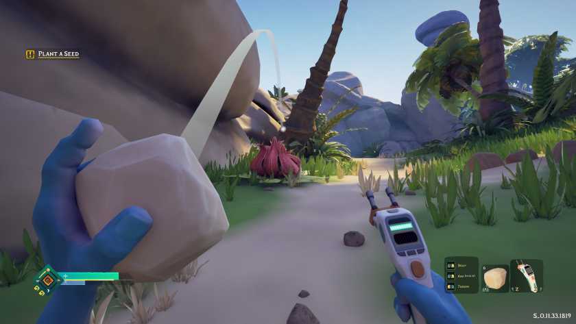 The main character is aiming a rock at an attack plant in ASTROBOTANICA.