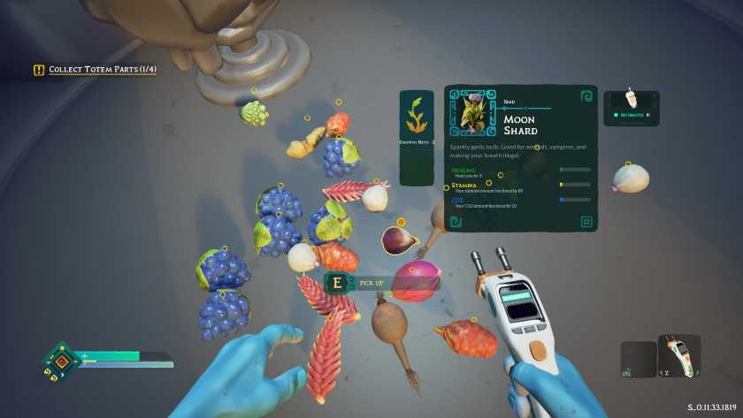 A pile of fruits and plants lay on the floor of a spaceship in ASTROBOTANICA.
