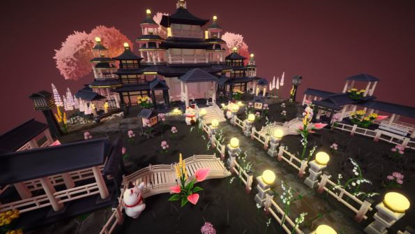 A beautiful dioramam from cozyrama with pink sakuras and blck grass in a japanese style 