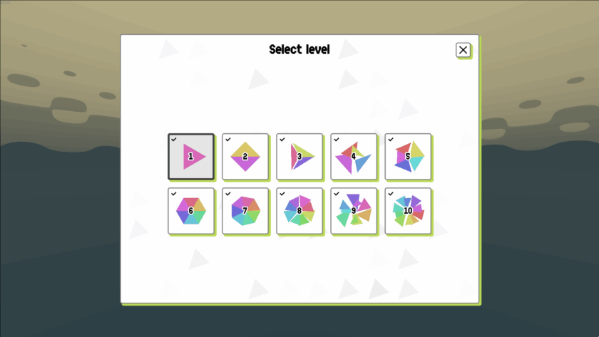 Game interface showing “Select level” with ten numbered buttons, marked as completed.