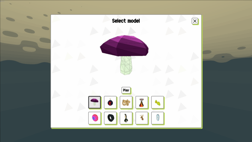 Game screen with “Select model” title, a 3D mushroom in the center, and ten model icons below.