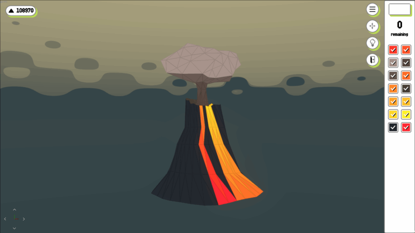 Stylized 3D volcano erupting with lava and smoke, game interface shows score and color checkboxes.