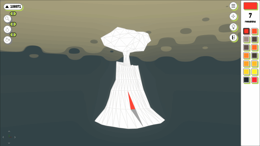 Wire-frame style volcano with mushroom cloud, game interface shows score, tools, and color swatches.