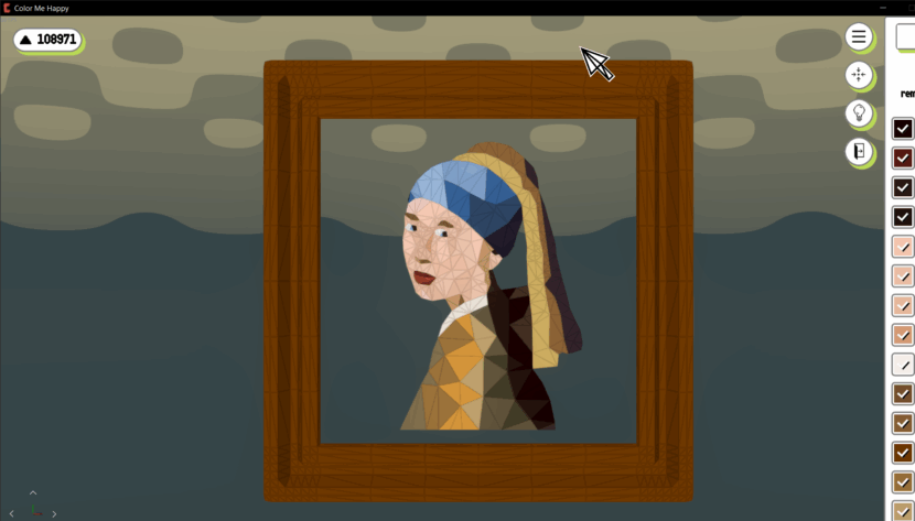 Interactive art screen from “Color Me Happy” featuring a low-poly version of Vermeer’s “Girl with a Pearl Earring,” framed digitally with color swatches and tool icons for editing.