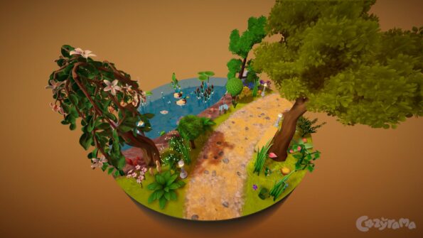 A diorama from cozyrama with a pond, some trees and a little path for walking