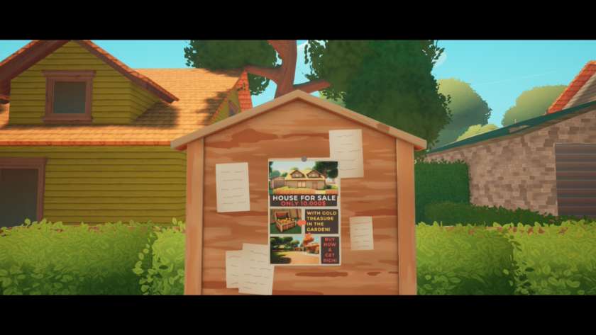 Poster on a notice board, advertising a house for sale with treasure buried in the garden. Published on LadiesGamers