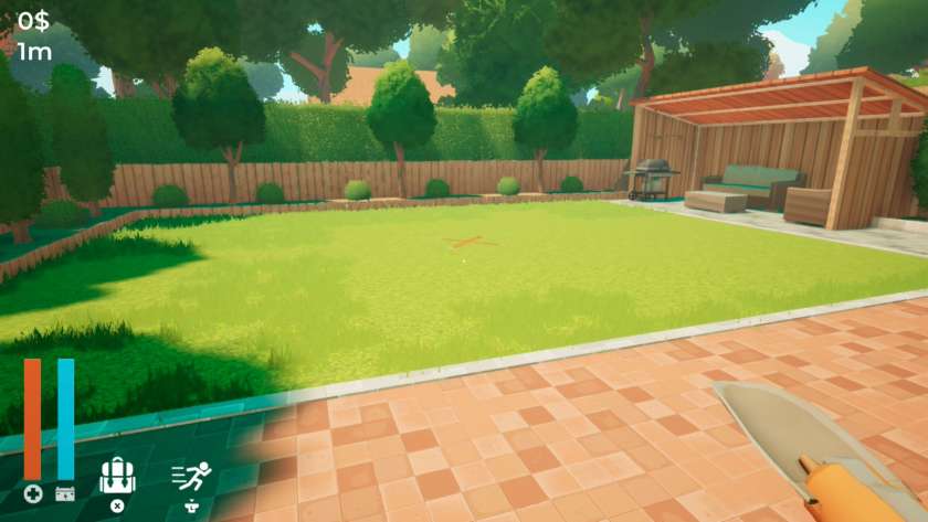 Your back garden, with barbecue area and large lawn. There is a red cross in the middle of the grass. Published on LadiesGamers